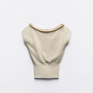 Zara Cream Knit Beaded-Neck Short Sleeve Sweater